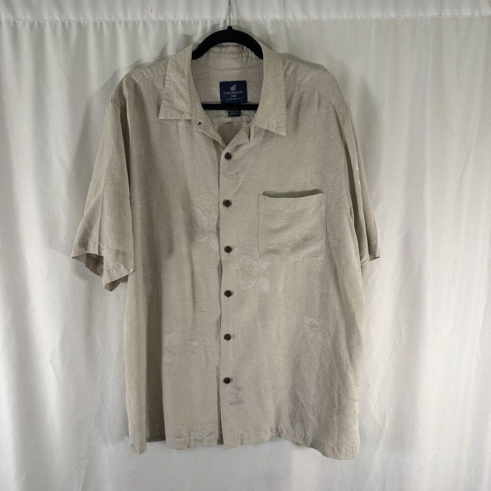 Caribbean Joe 100% Silk Hawaiian Shirt Men's XXL Beige Button Down Short Sleeve